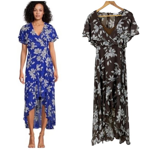 Calvin Klein NWT Floral Surplice V-Neck Short Flutter Sleeve High-Low Dress Sz 6 - Picture 1 of 10